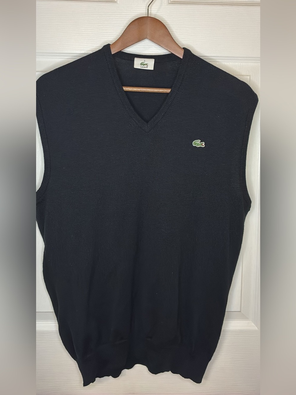 Lacoste Men's Black V-Neck Sweater Vest with Green Crocodile Logo